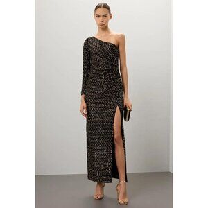 Monique Lhuillier Black and Gold One Shoulder Dress